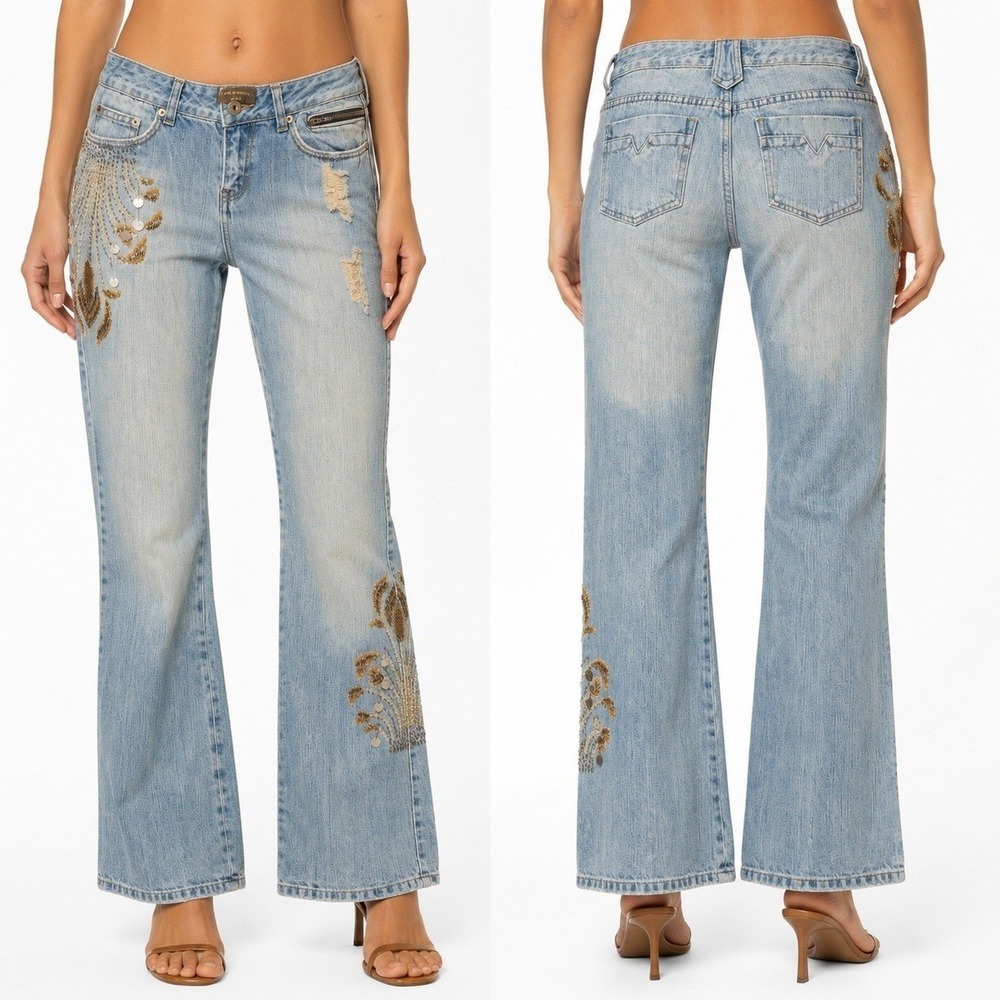 Peppe Peluso Jeans‎ 30x32 Beaded Embroidered Flare Light Wash Low Rise Y2K Boho